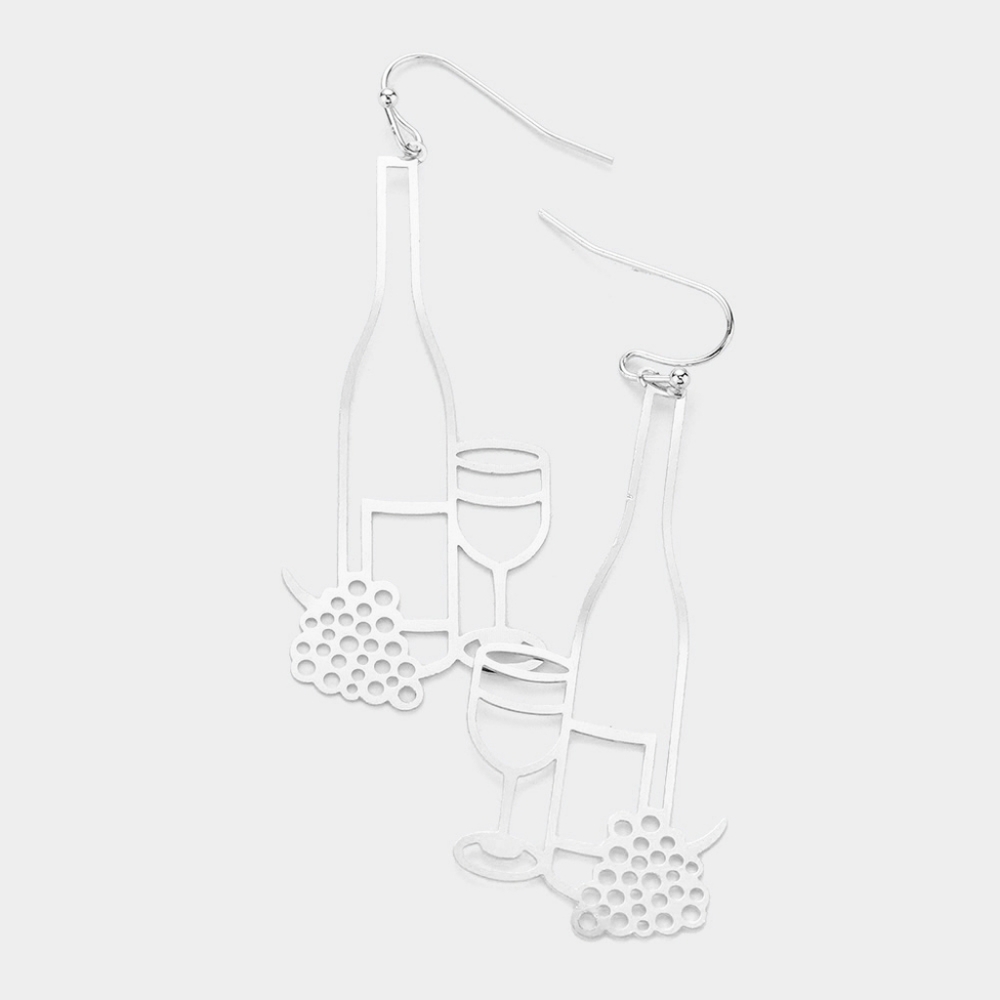 Silver Wine Bottle Grapes and Glass Cut Out Dangle Earrings Metal Fun Fashion